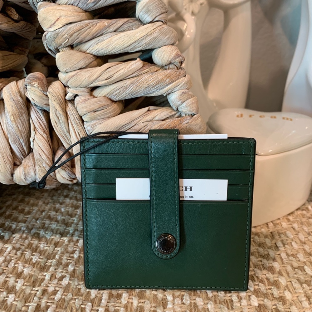 Coach Green Leather Card Holder with Snap Strap - Picture 11 of 12